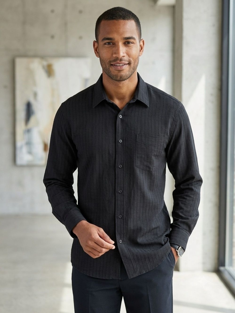 Take 50% OFF- George Men’s Black Textured Long-Sleeve Button-Up Shirt, Size-2XL